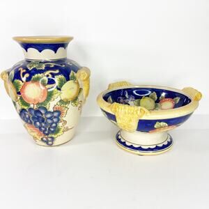Vintage Art Pottery Matching Fruit Design Vase And Fruit Bowl